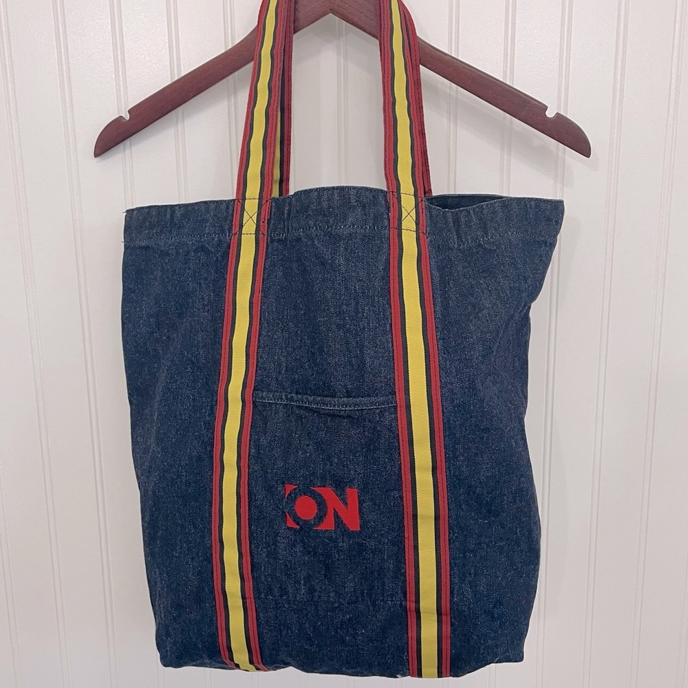 Old Navy Retro Denim Tote 70s 80s Throwback Grosgrain Ribbon Trim & Handles